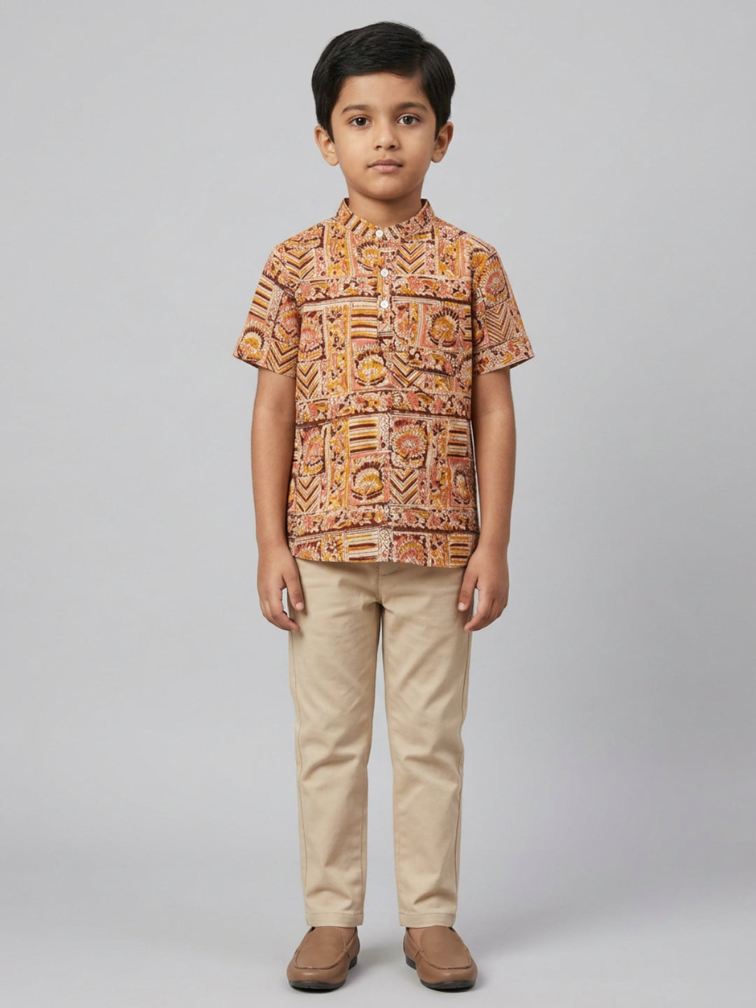 Biglilpeople Boys Ethnic Print Mandarin Collar Short Sleeves Shirt