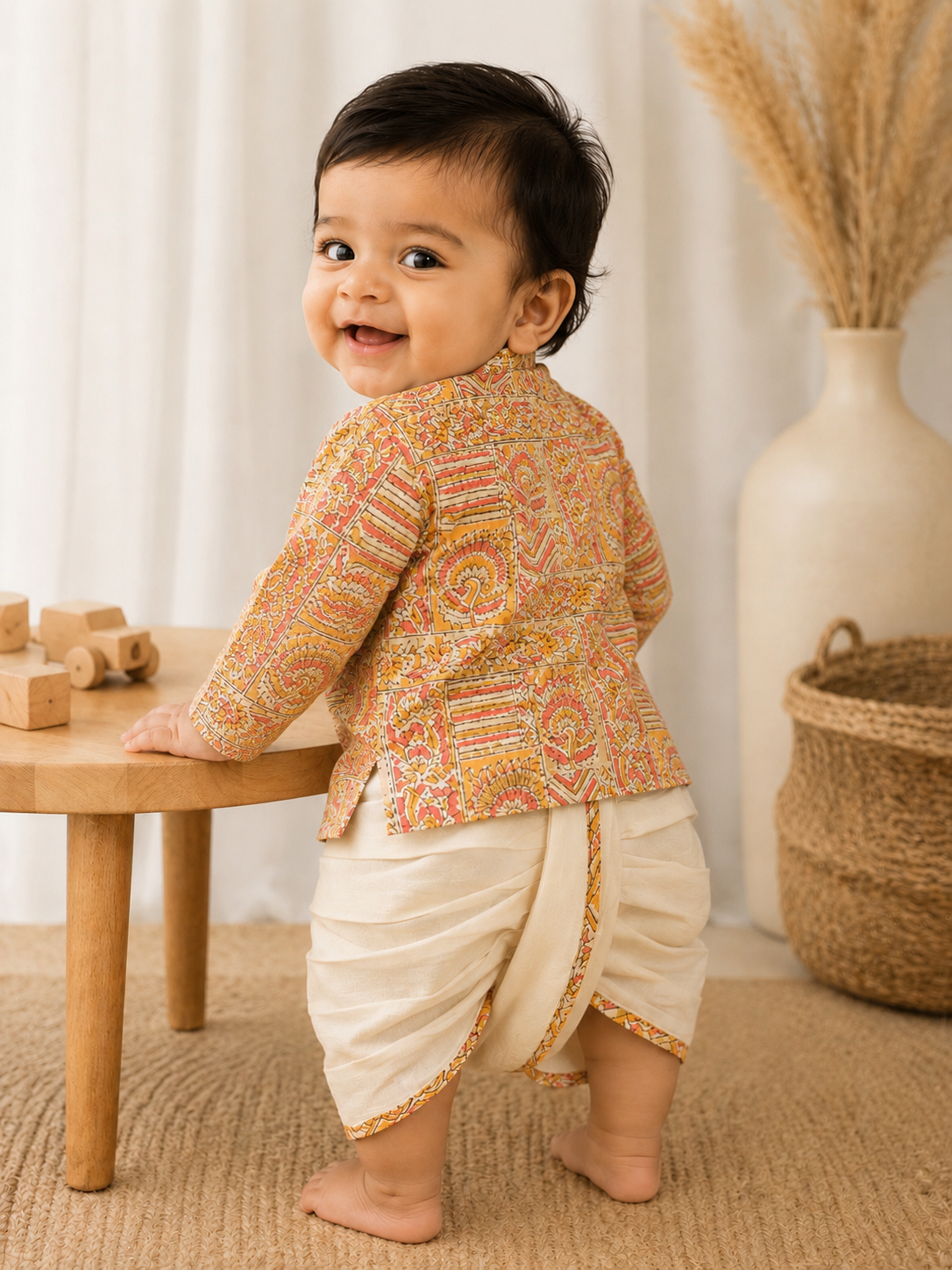 Biglilpeople Boys Beige Ethnic Printed Printed Cotton Angrakha Style Dhoti Set