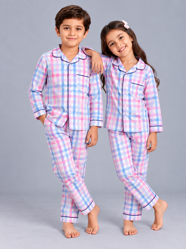 Biglilpeople Kids Multicolor Checked Cotton Full Sleeve Shirt & Pajama Nightsuit
