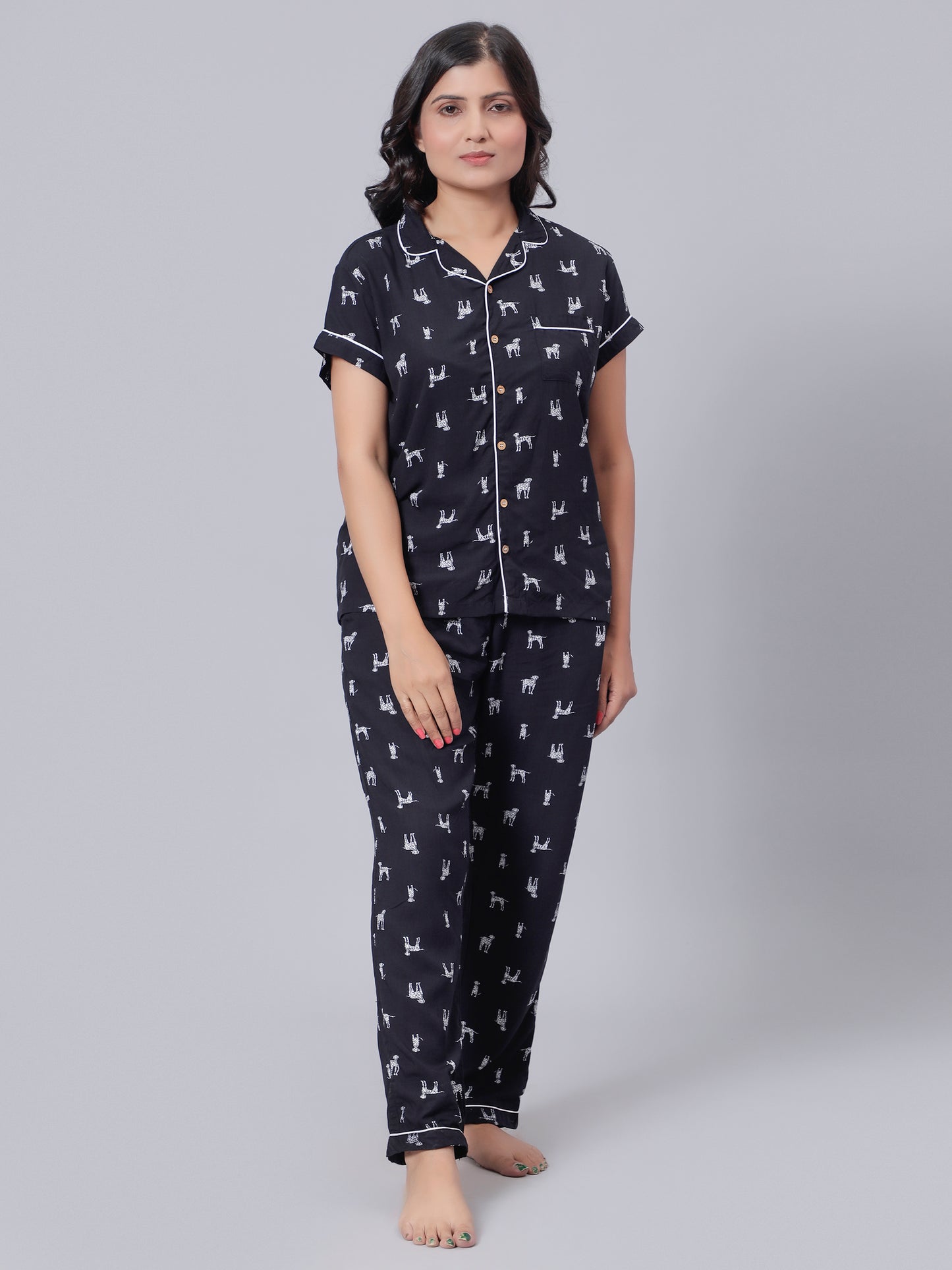 Notched Nightsuit in Dalmatian Print