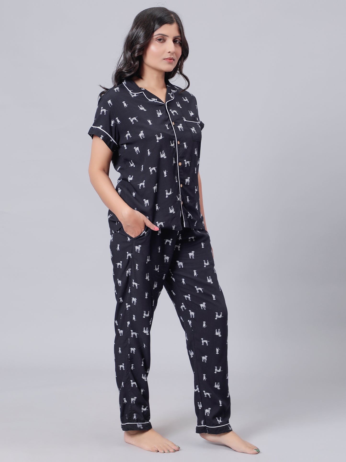 Notched Nightsuit in Dalmatian Print