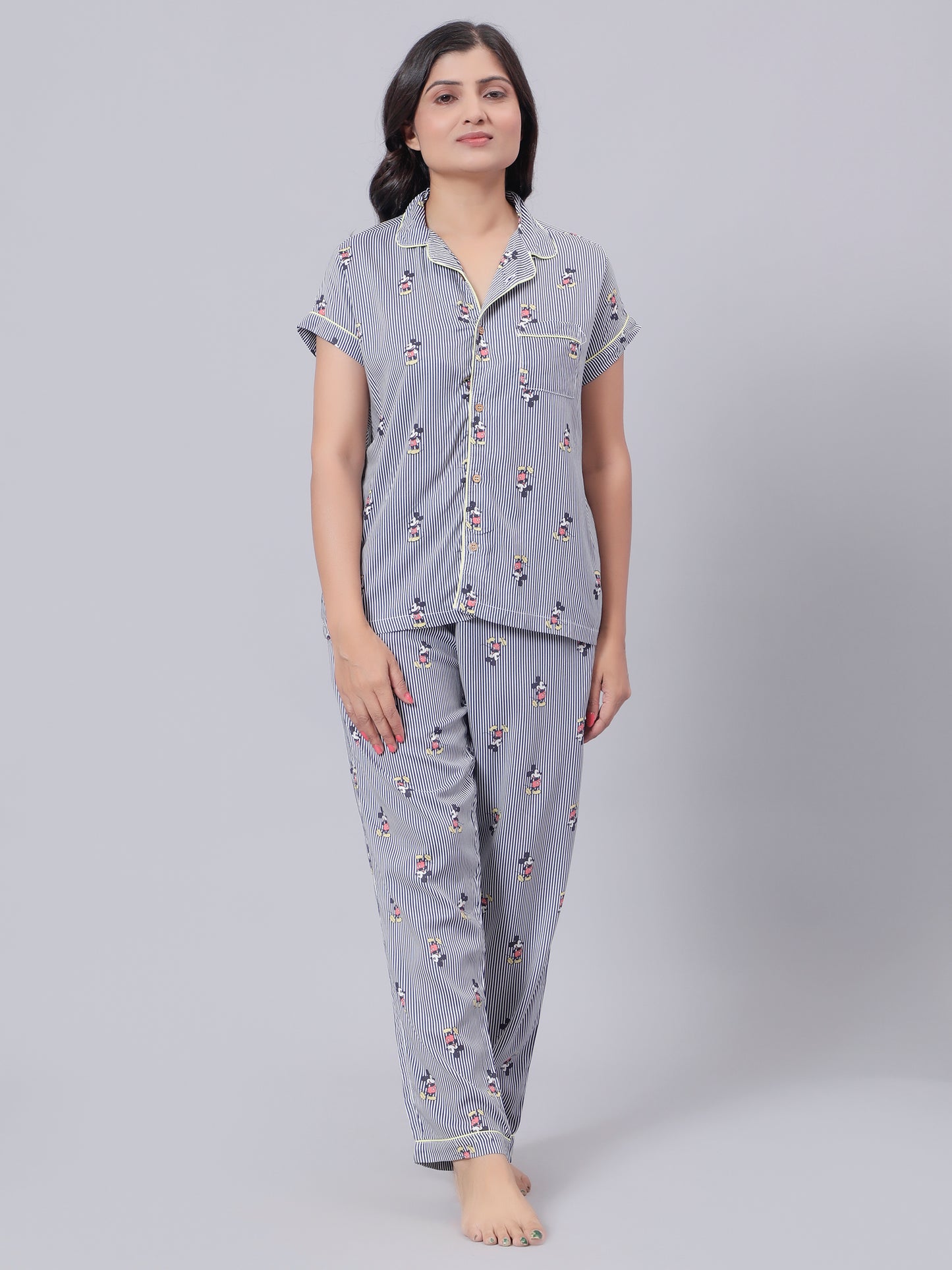 Notched Unisex night suit in Mickey Print