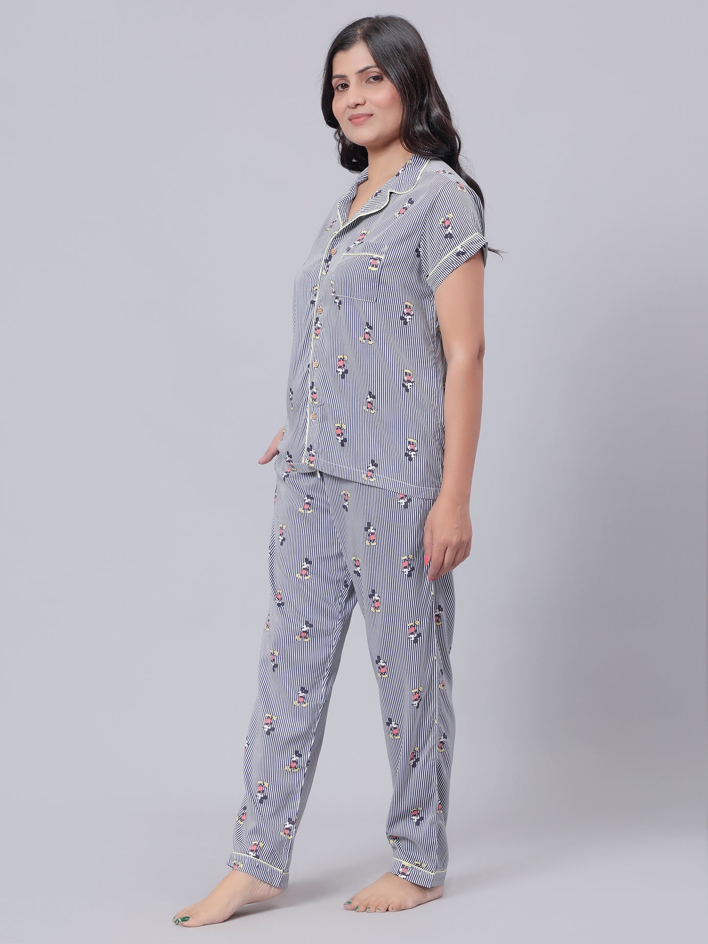 Notched Unisex night suit in Mickey Print