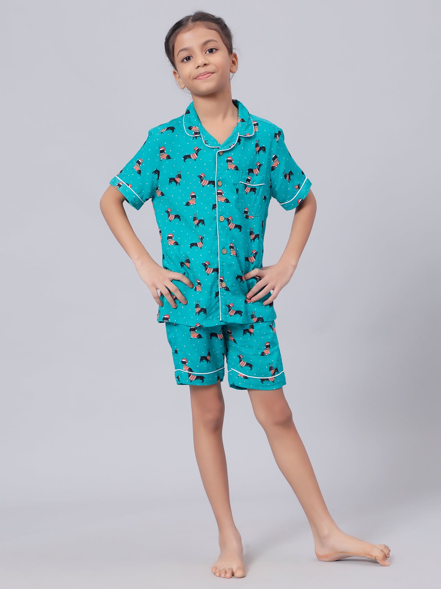 Notched Unisex nightsuit in Dachshund Puppies Print