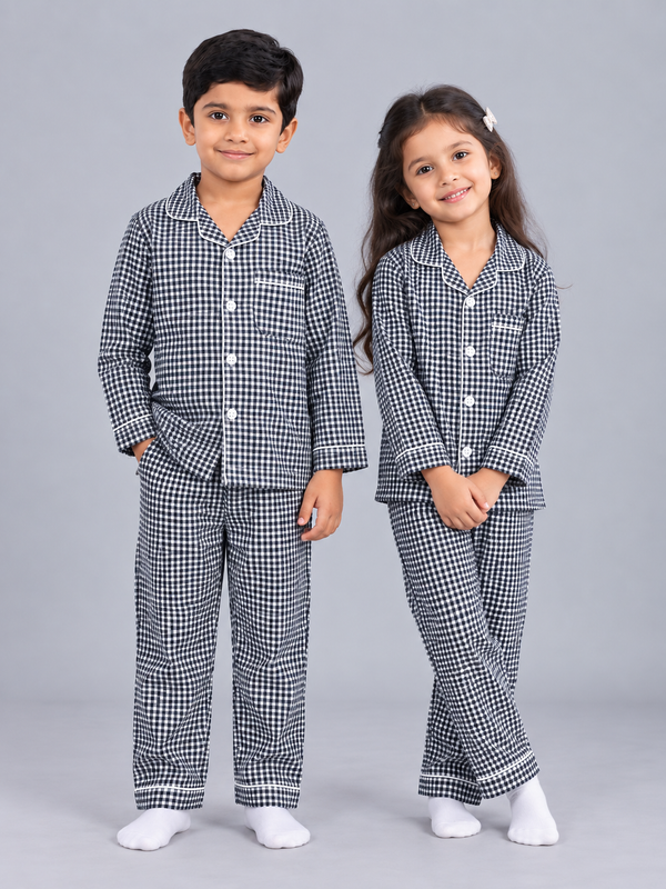 Biglilpeople Kids Black Checked Cotton Full Sleeve Shirt & Pajama Nightsuit