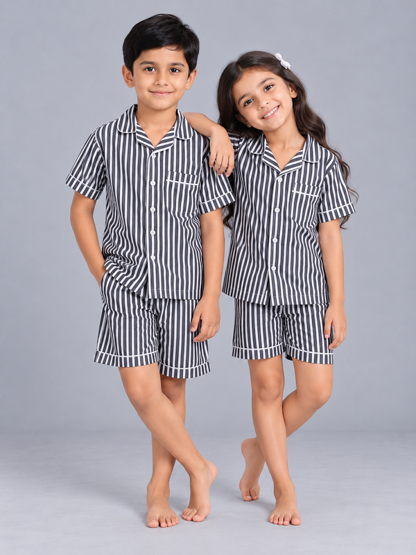 Biglilpeople Kids Grey Striped Cotton Short Sleeve Shirt & Shorts Nightsuit