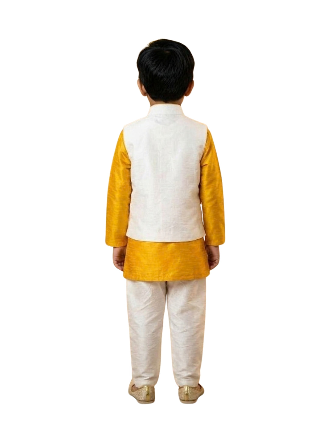 Biglilpeople Boys Mustard Kurta and Pant Set with Off-White Cotton Silk Nehru Jacket