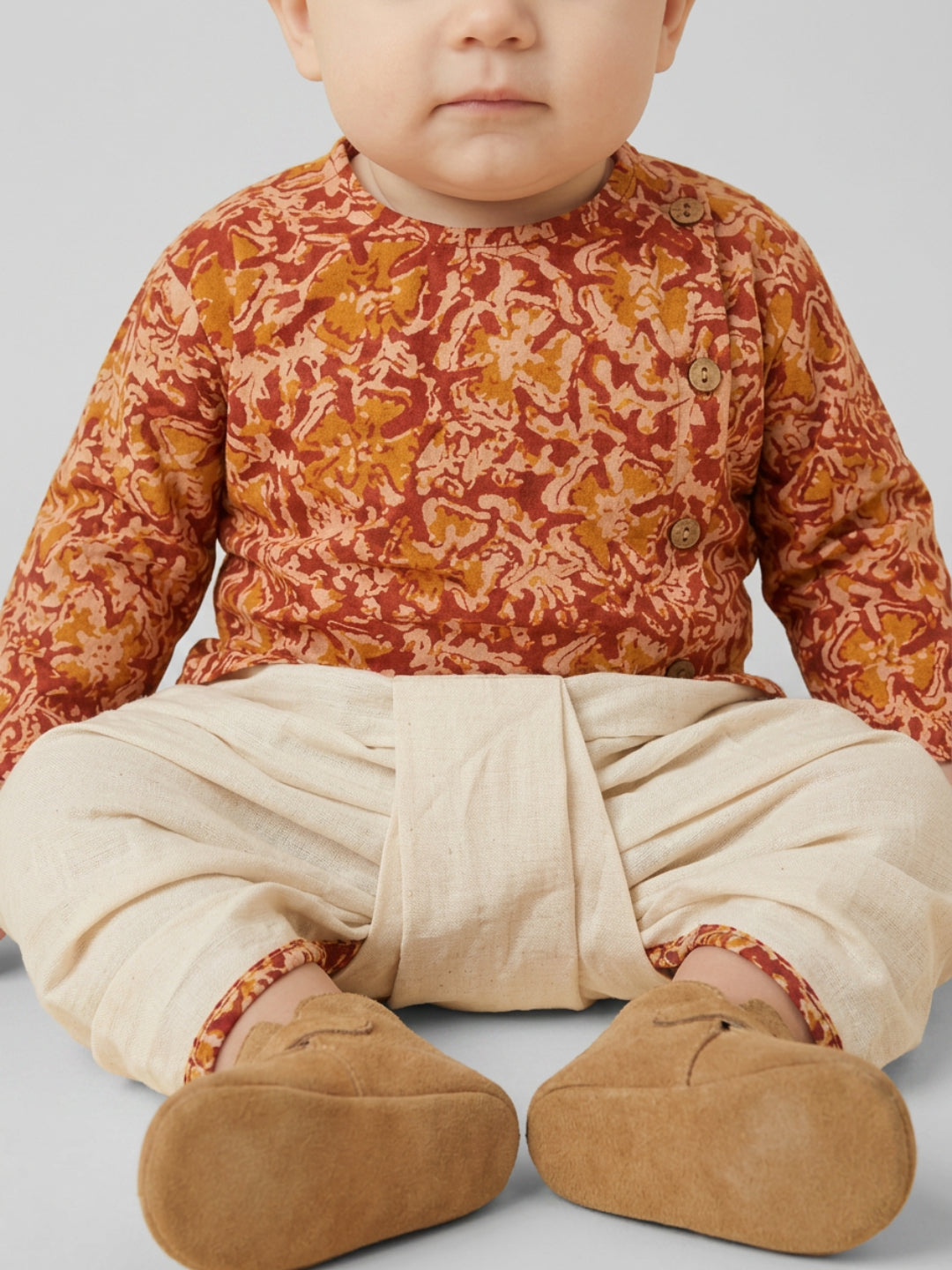 Biglilpeople Boys Rust Orange Floral Printed Cotton Angrakha Style Dhoti Set