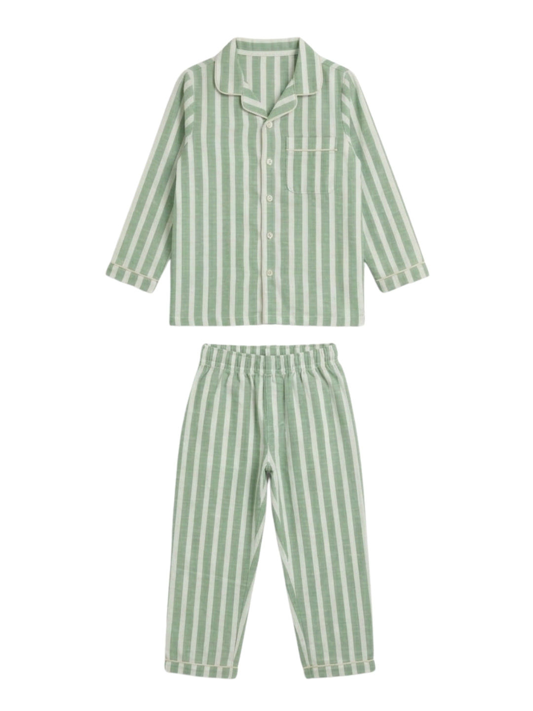 Biglilpeople Kids Green Striped Cotton Full Sleeve Shirt & Pyjama Nightsuit