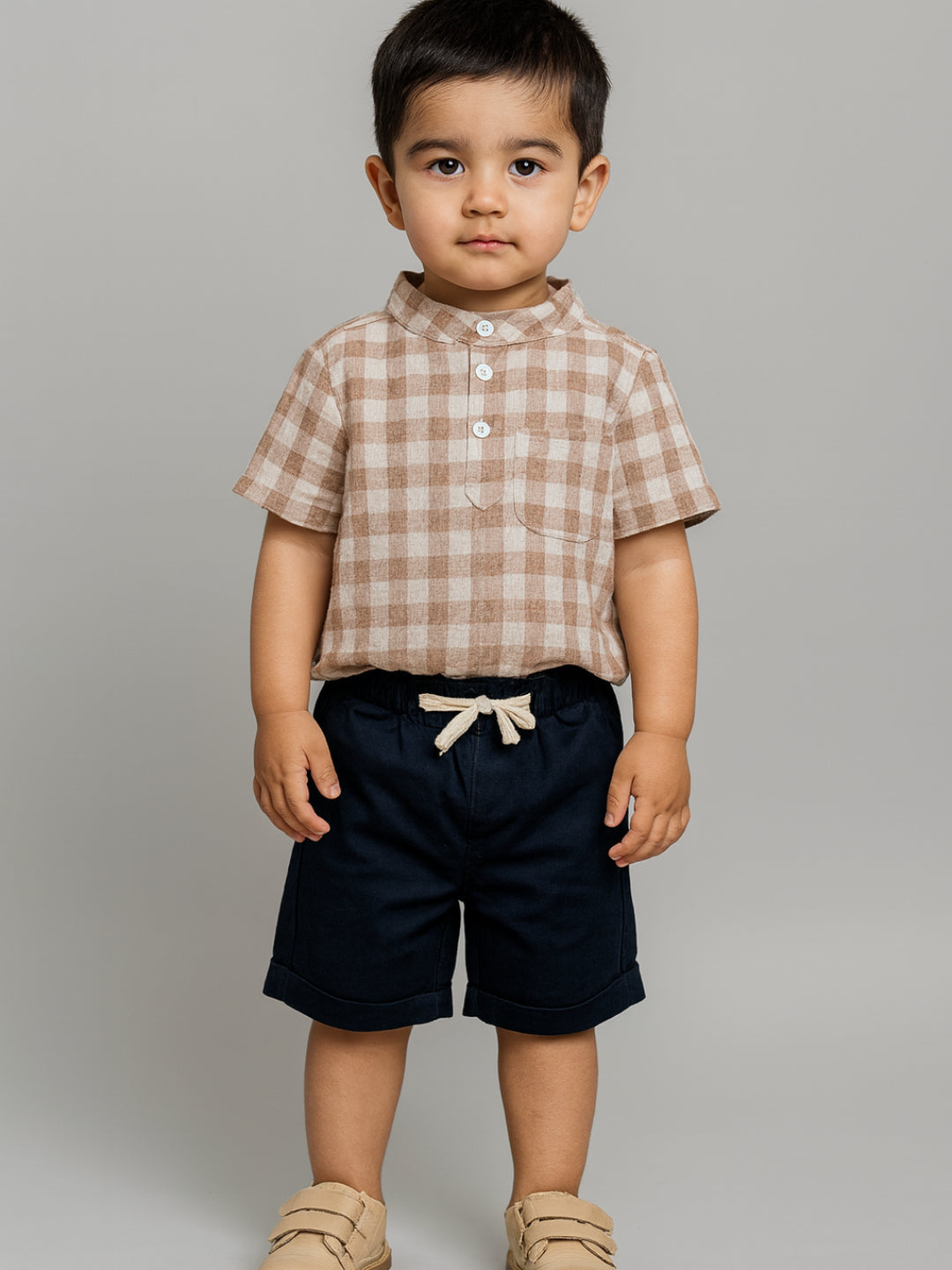 Infants Boys Mandarin Collar Checks Shirts and Shorts