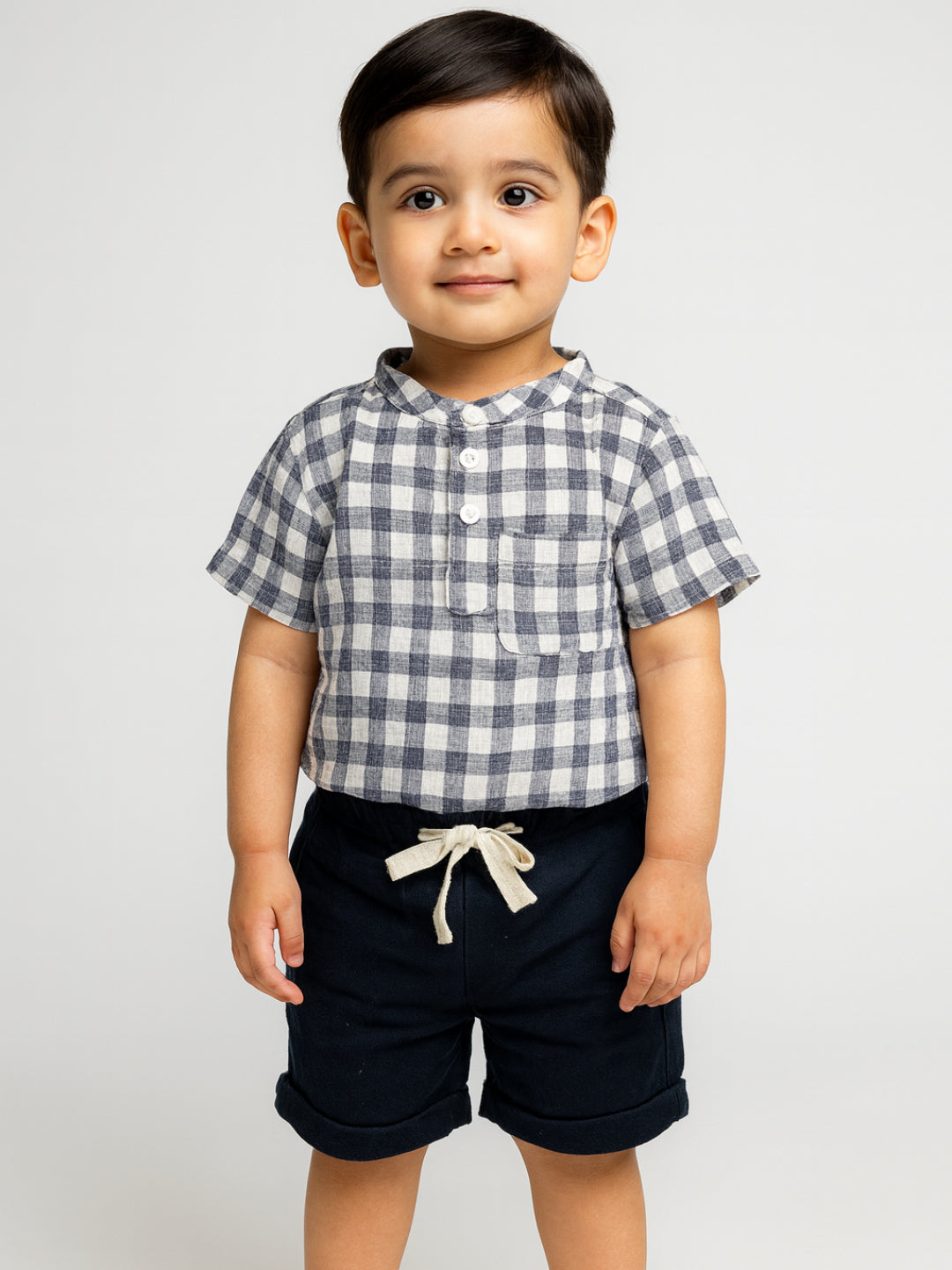 Infants Boys Mandarin Collar Checks Shirts and Shorts