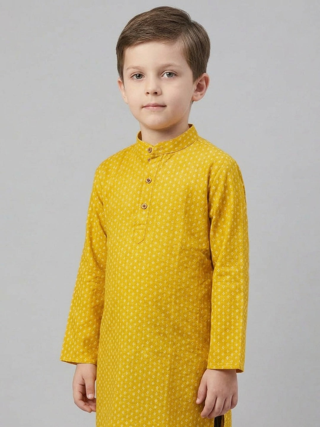 Biglilpeople Boys Mustard Yellow Printed Mandarin Collar Cotton Kurta Set