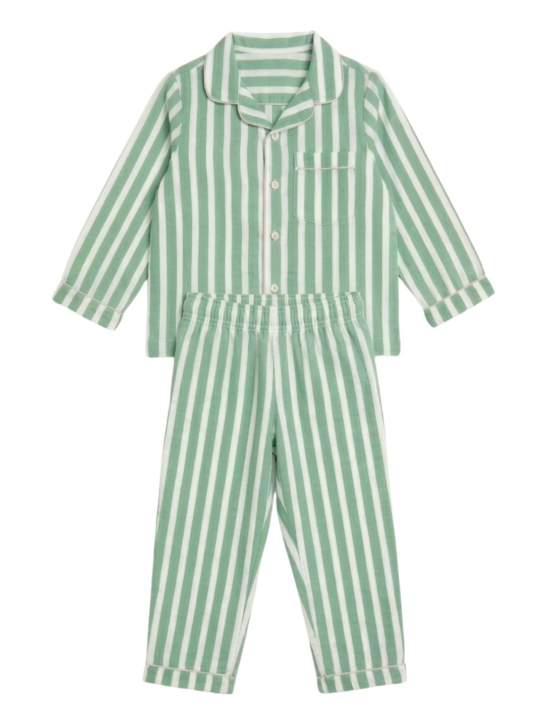 Biglilpeople Kids Unisex Green Striped Cotton Full Sleeve Shirt & Pyjama Nightsuit