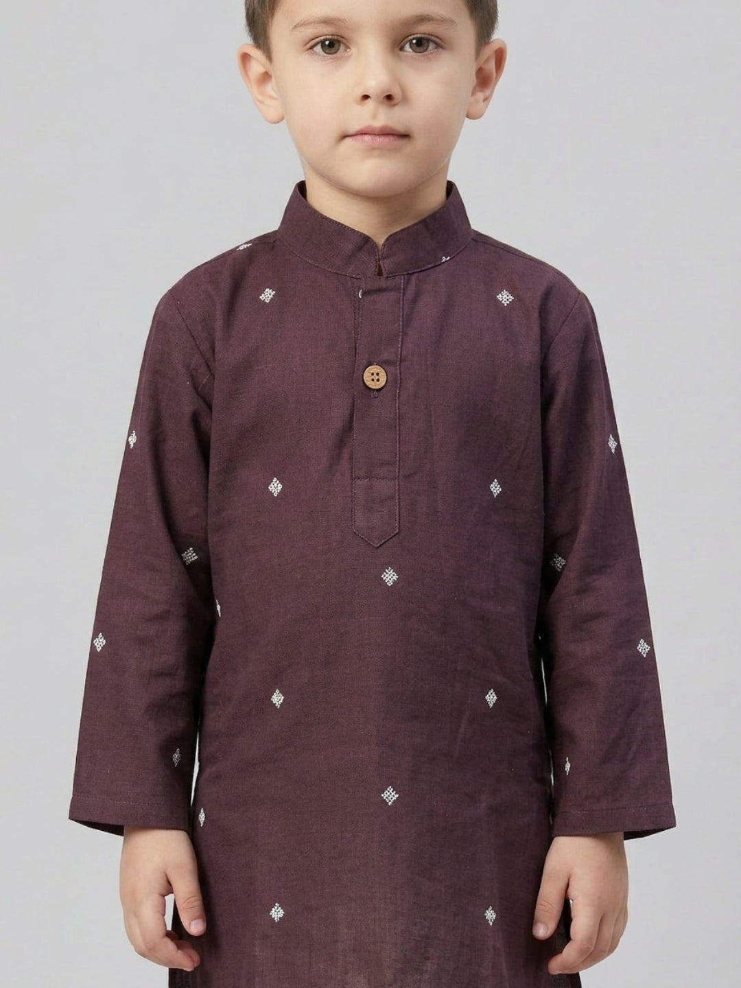 Biglilpeople Boys Maroon Embroidered Mandarin Collar Cotton Kurta Set