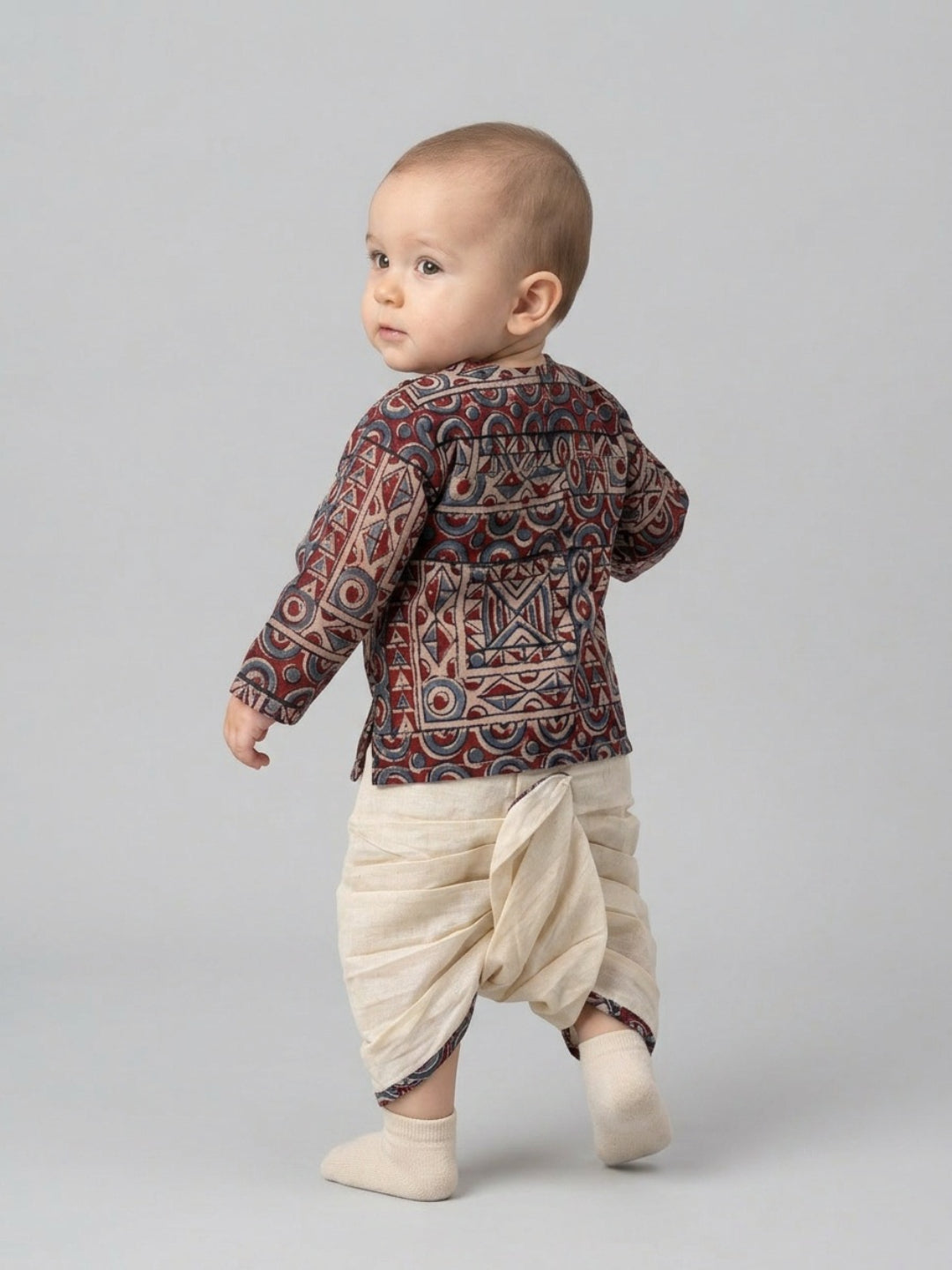 Biglilpeople Boys Geometric Printed Cotton Angrakha Style Dhoti Set