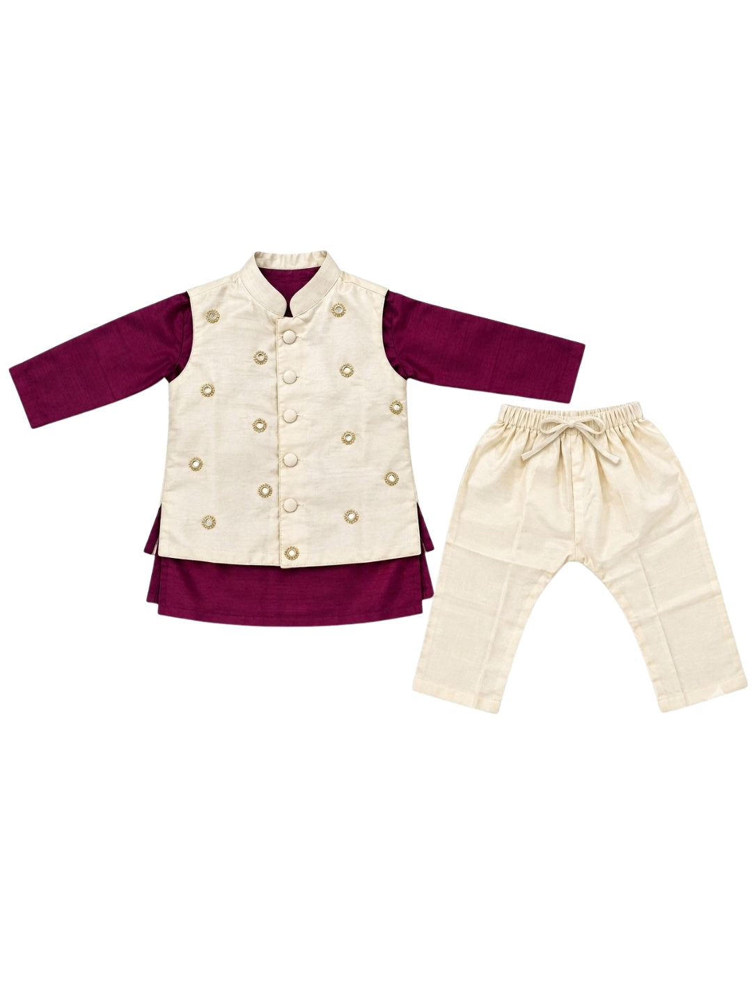 Biglilpeople Boys Wine Kurta and Pant Set with Off-White Cotton Silk Nehru Jacket