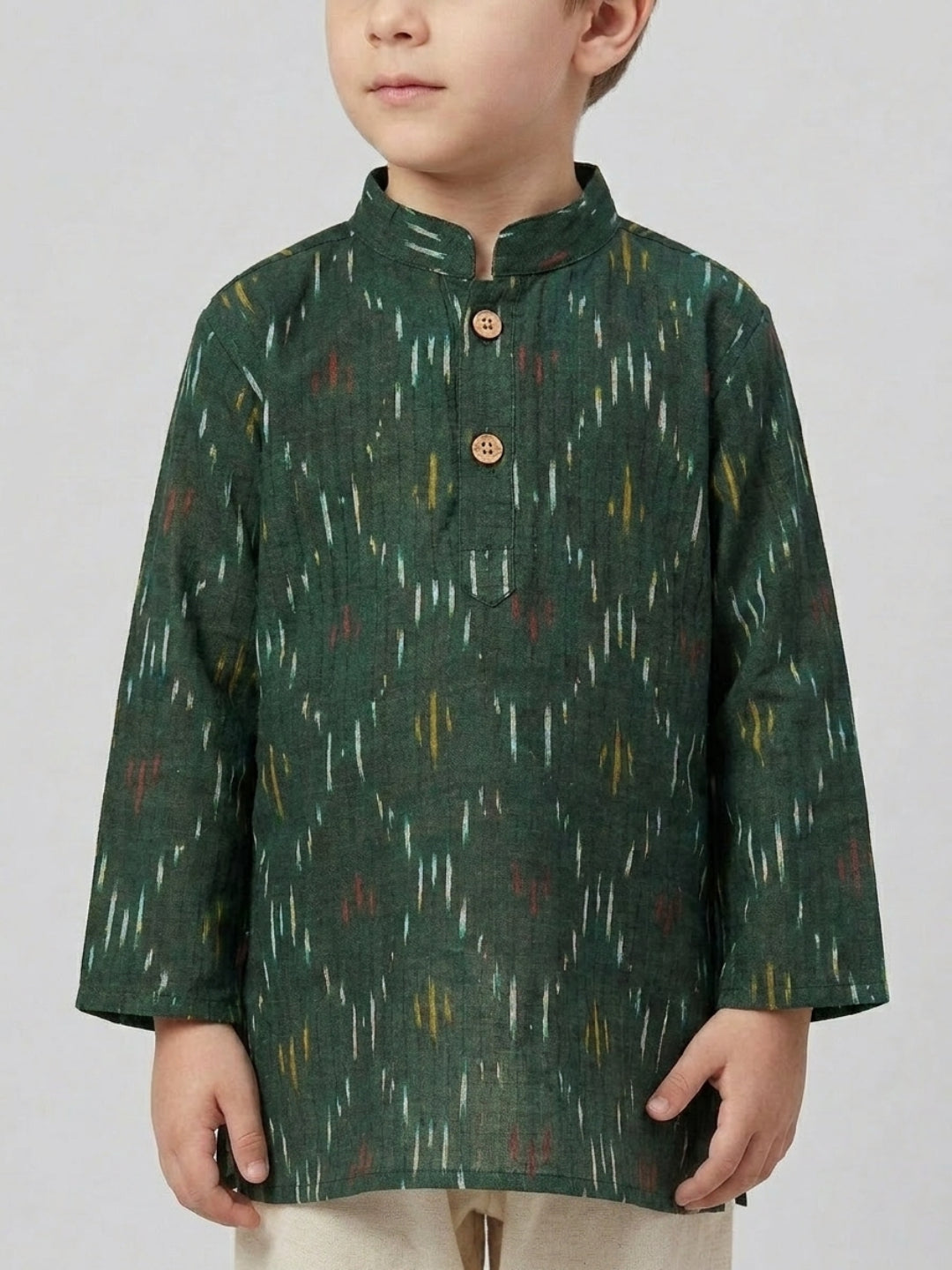 Biglilpeople Boys Dark Green Ikat Printed Mandarin Collar Cotton Kurta Set