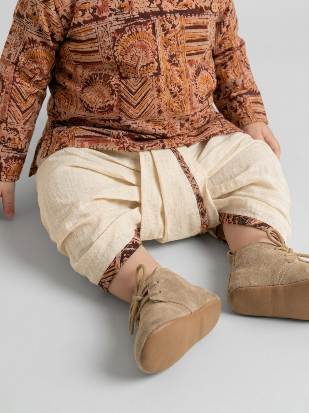 Biglilpeople Boys Rust Brown Ethnic Printed Cotton Angrakha Style Dhoti Set