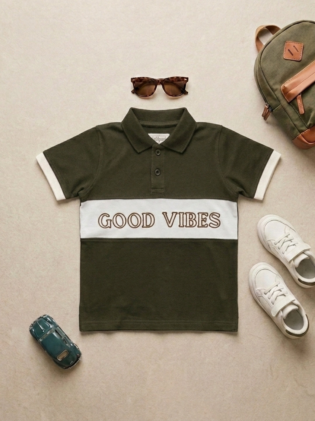 Boys Pure Cotton Olive Green & Off White Color Pique Polo T Shirt with Good Vibes design Print