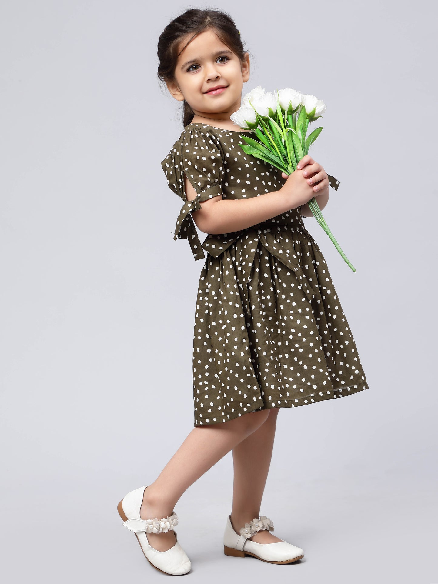 Olive Polka Dotted Dress for Girls