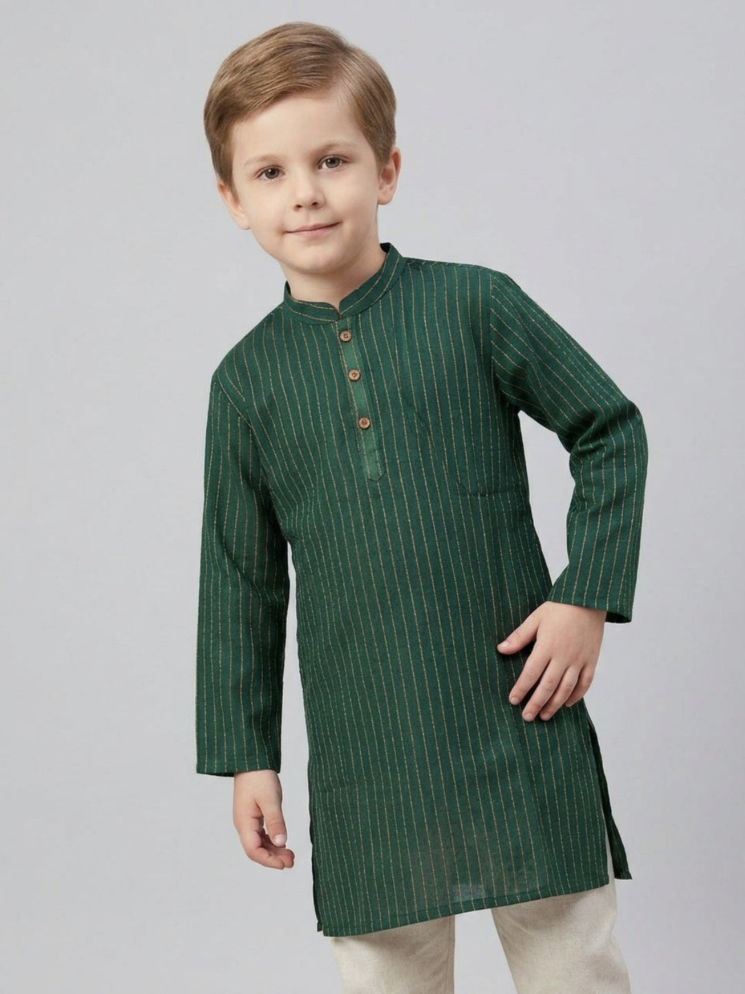 Biglilpeople Boys Teal Green Striped Mandarin Collar Cotton Kurta Set