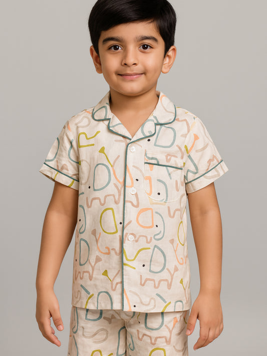 Printed Half Sleeves Night Suits For Boys and Girls-Brown