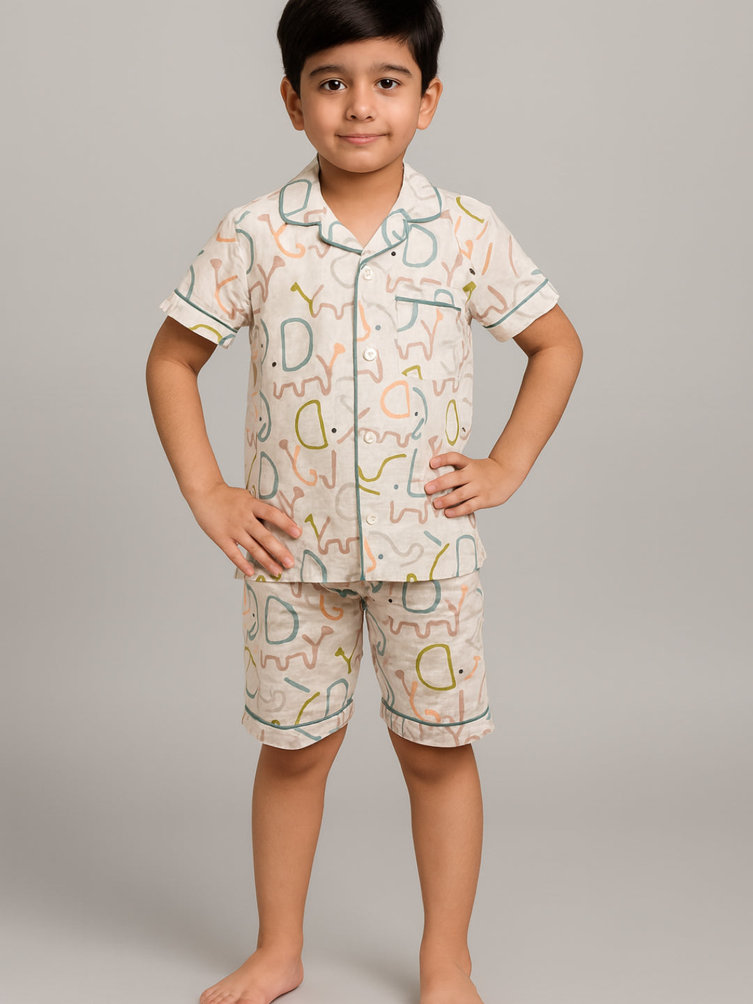 Printed Half Sleeves Night Suits For Boys and Girls-Brown