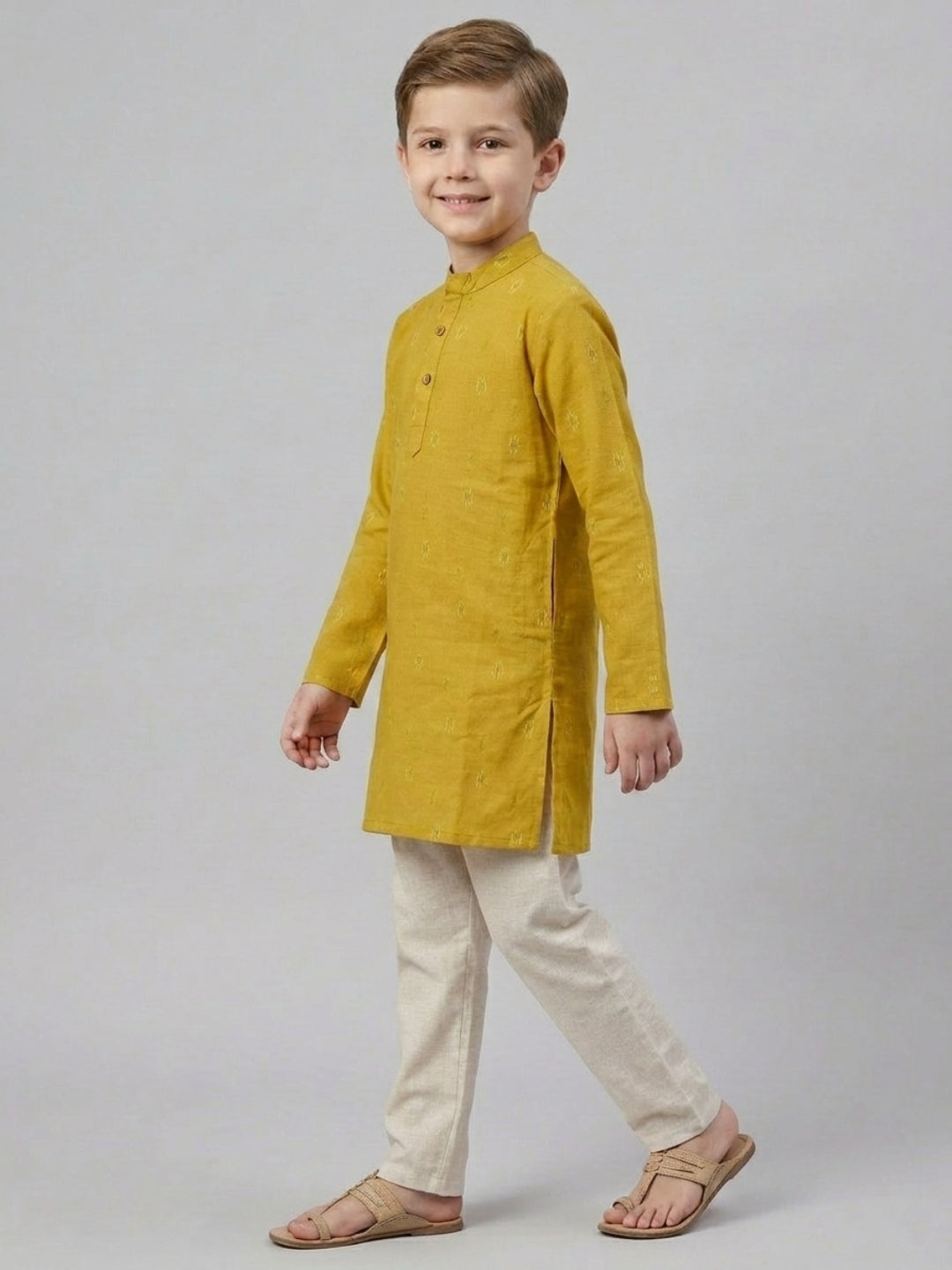 Biglilpeople Boys Mustard Yellow Cotton Kurta Set with Geometric Ikat Motif
