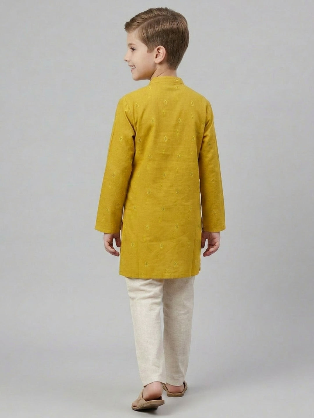 Biglilpeople Boys Mustard Yellow Cotton Kurta Set with Geometric Ikat Motif