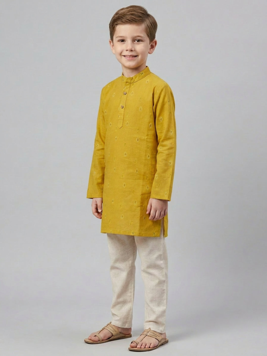 Biglilpeople Boys Mustard Yellow Cotton Kurta Set with Geometric Ikat Motif