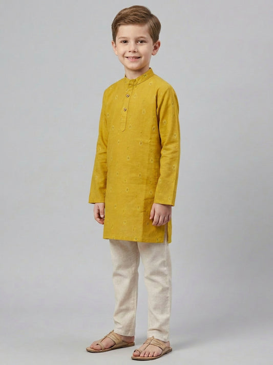 Biglilpeople Boys Mustard Yellow Cotton Kurta Set with Geometric Ikat Motif