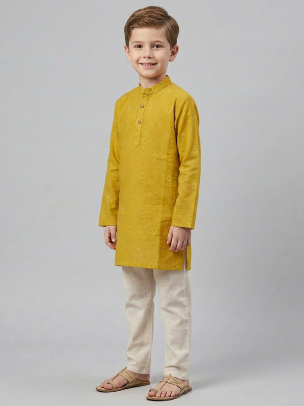 Biglilpeople Boys Mustard Yellow Cotton Kurta Set with Geometric Ikat Motif