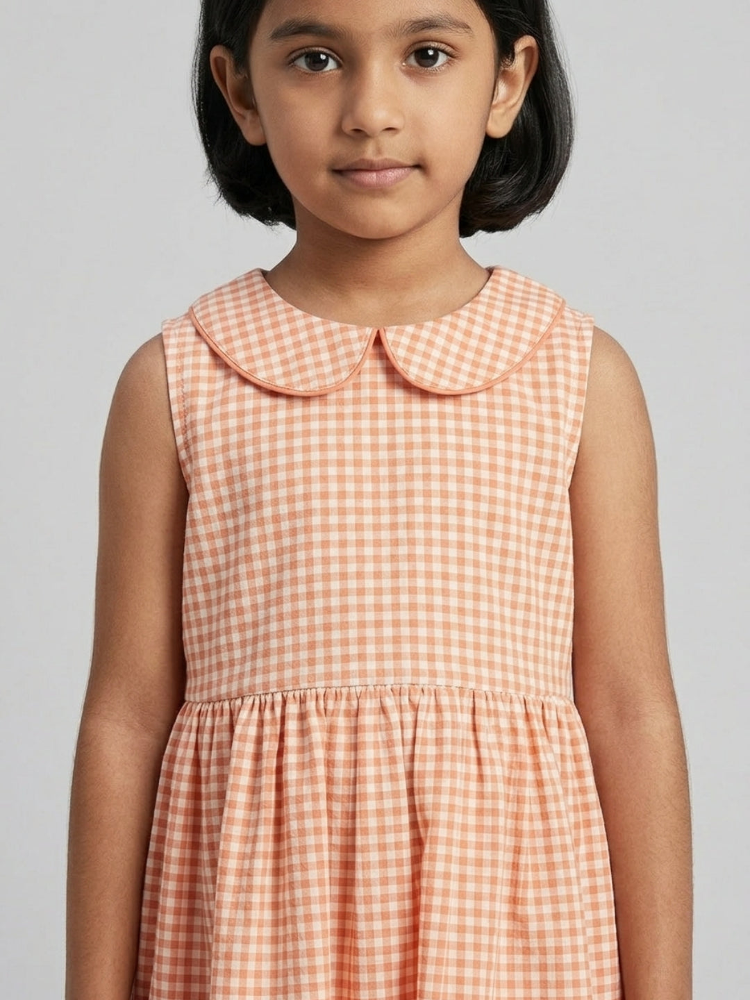 Girls Off White & Orange checked Knee Length Peter Pan Collar Dress