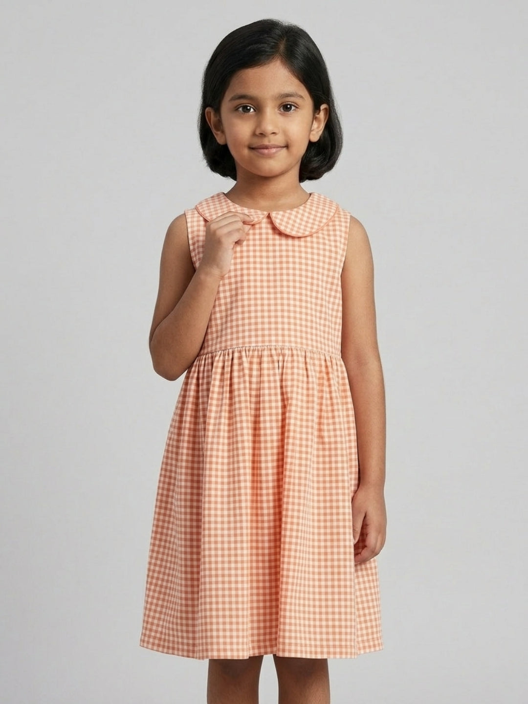 Girls Off White & Orange checked Knee Length Peter Pan Collar Dress