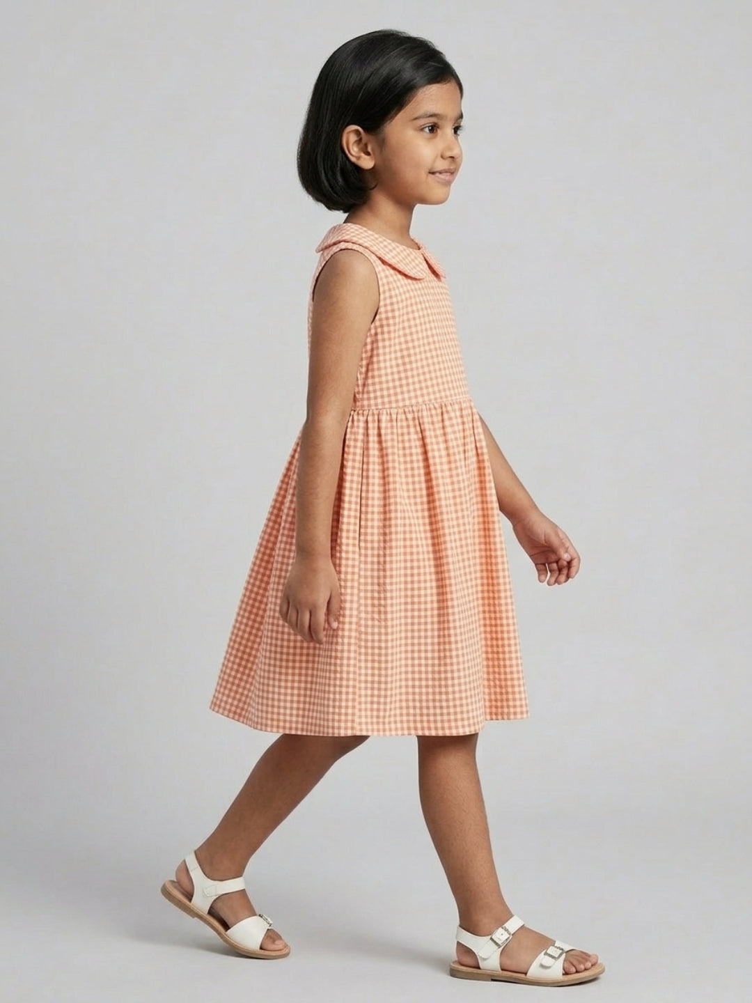 Girls Off White & Orange checked Knee Length Peter Pan Collar Dress