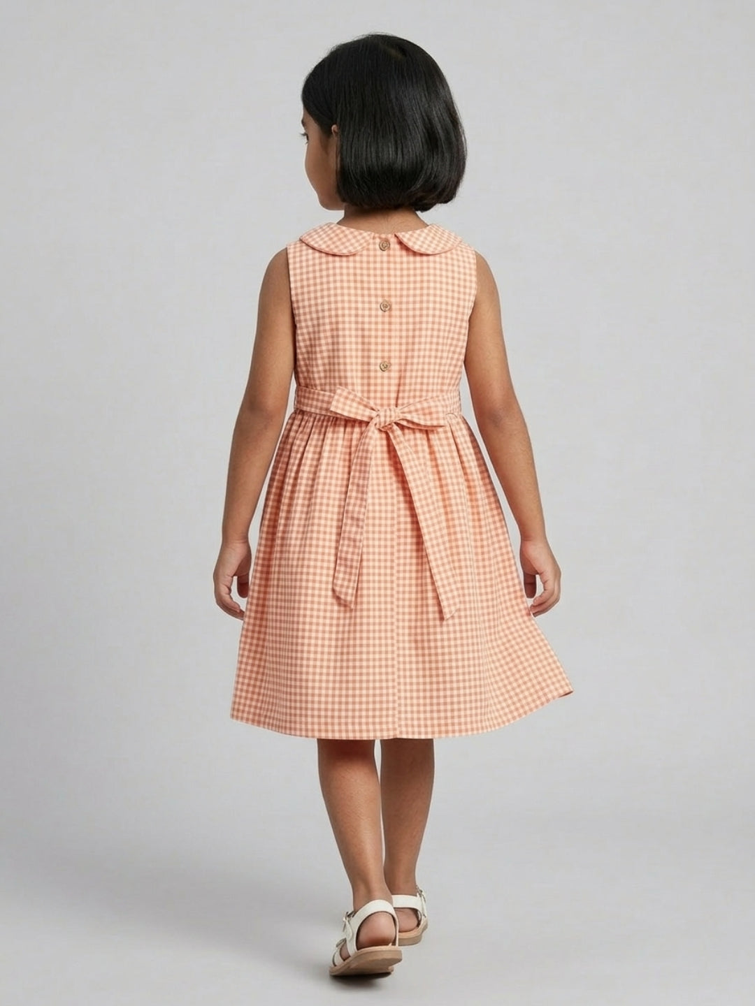 Girls Off White & Orange checked Knee Length Peter Pan Collar Dress