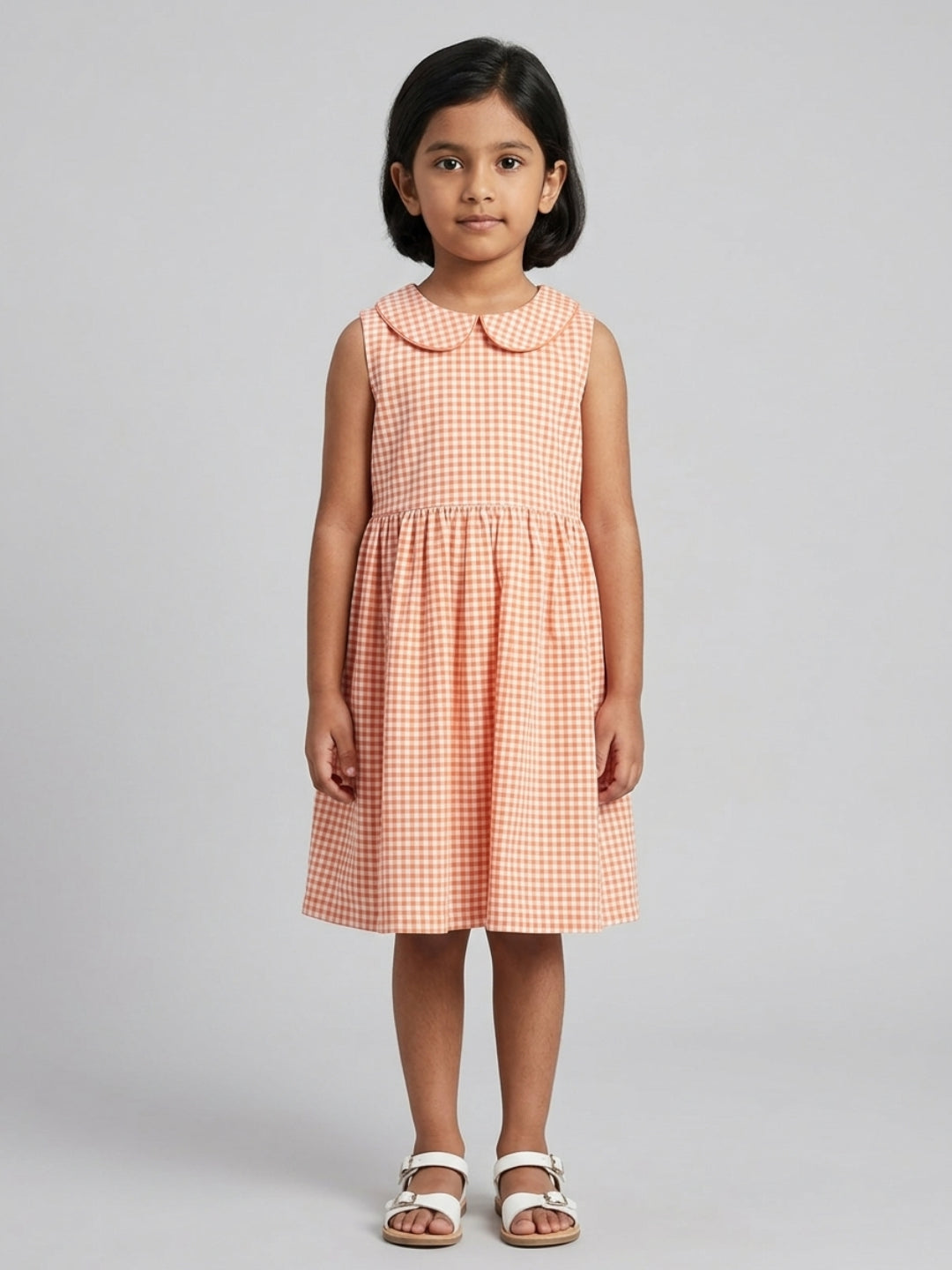 Girls Off White & Orange checked Knee Length Peter Pan Collar Dress