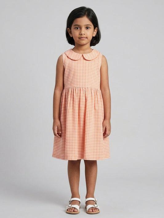 Girls Off White & Orange checked Knee Length Peter Pan Collar Dress