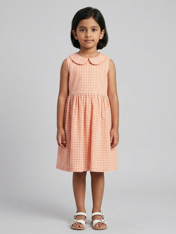 Girls Off White & Orange checked Knee Length Peter Pan Collar Dress