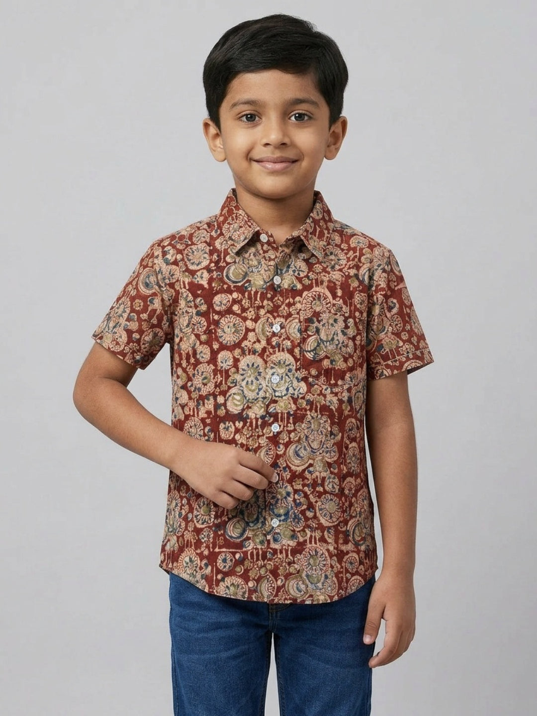 Biglilpeople Boys Ethnic Print Spread Collar Short Sleeves Shirt