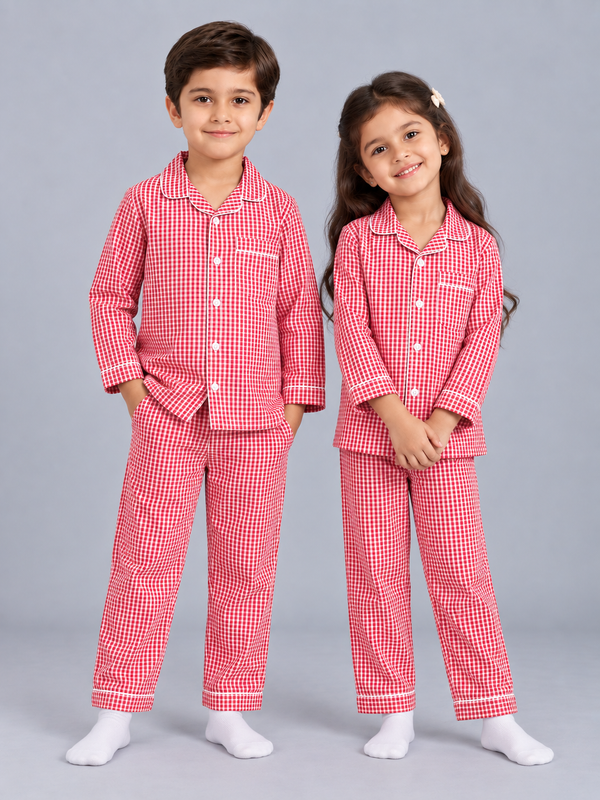 Biglilpeople Kids Red Checked Cotton Full Sleeve Shirt & Pajama Nightsuit