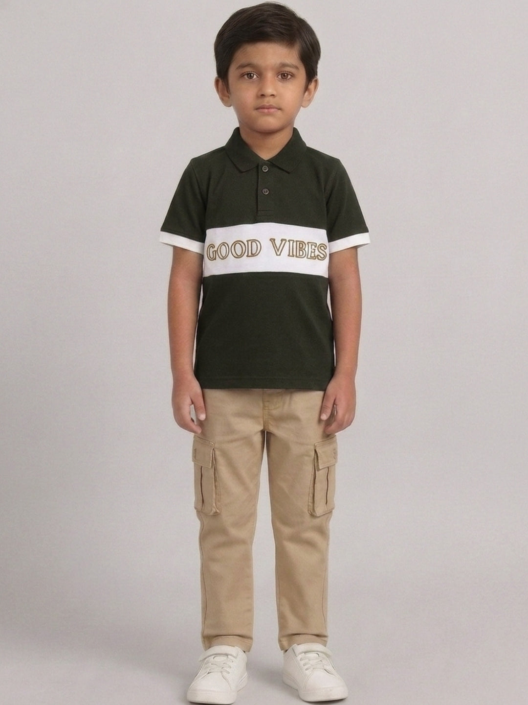 Boys Pure Cotton Olive Green & Off White Color Pique Polo T Shirt with Good Vibes design Print