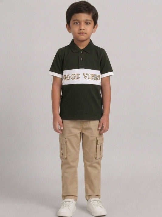 Boys Pure Cotton Olive Green & Off White Color Pique Polo T Shirt with Good Vibes design Print