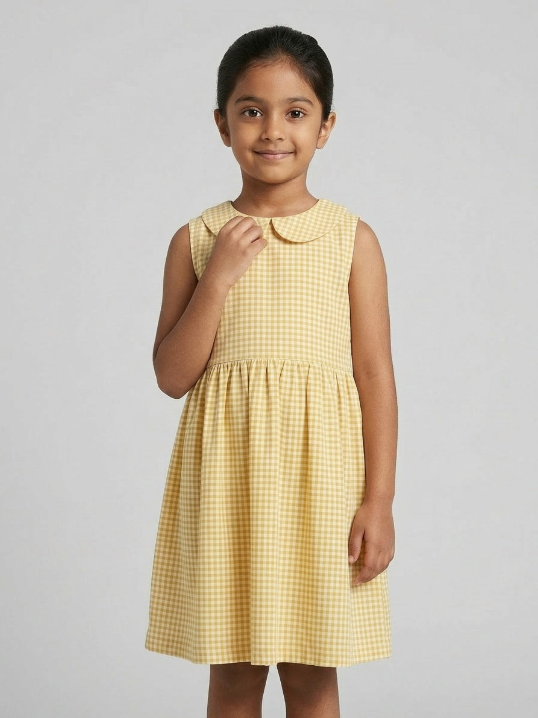 Girls Off White & Yellow checked Knee Length Peter Pan Collar Dress