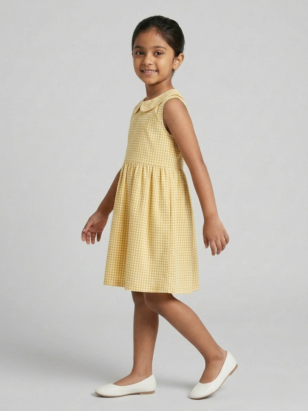 Girls Off White & Yellow checked Knee Length Peter Pan Collar Dress
