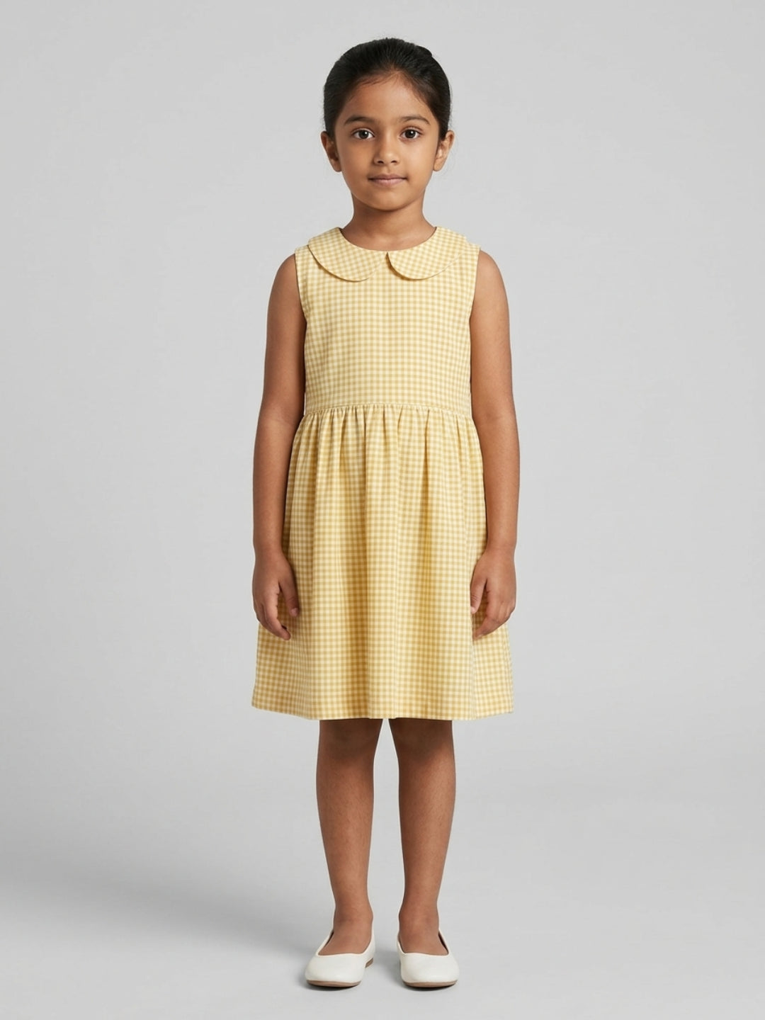 Girls Off White & Yellow checked Knee Length Peter Pan Collar Dress