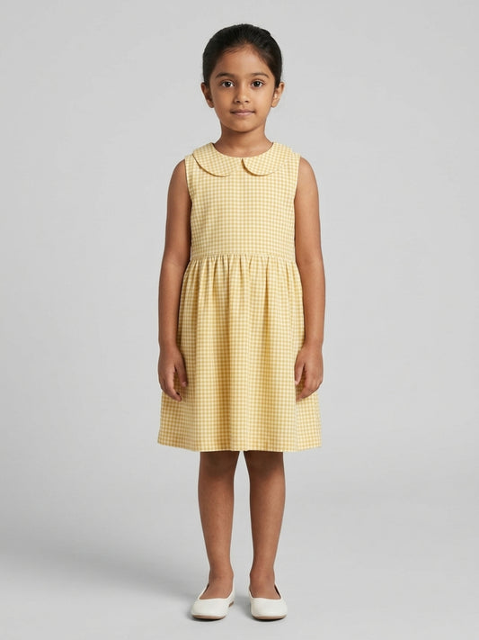 Girls Off White & Yellow checked Knee Length Peter Pan Collar Dress