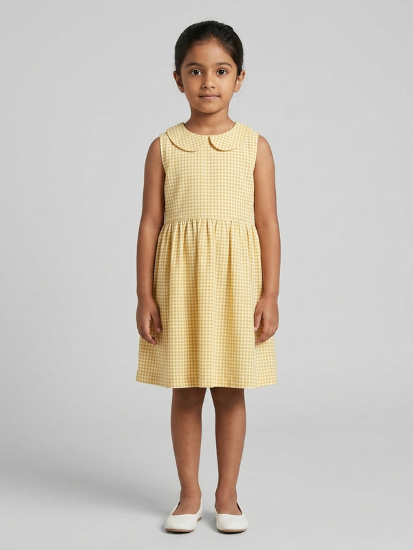 Girls Off White & Yellow checked Knee Length Peter Pan Collar Dress
