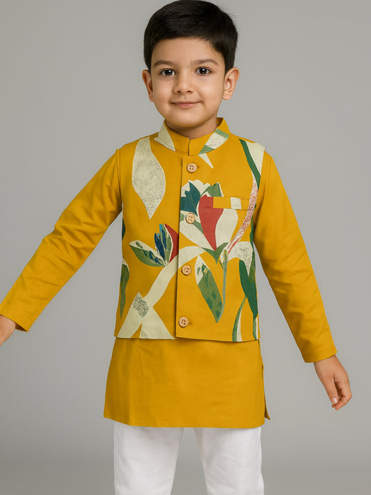 Boys Yellow Printed Kurta Pyjamas Jacket