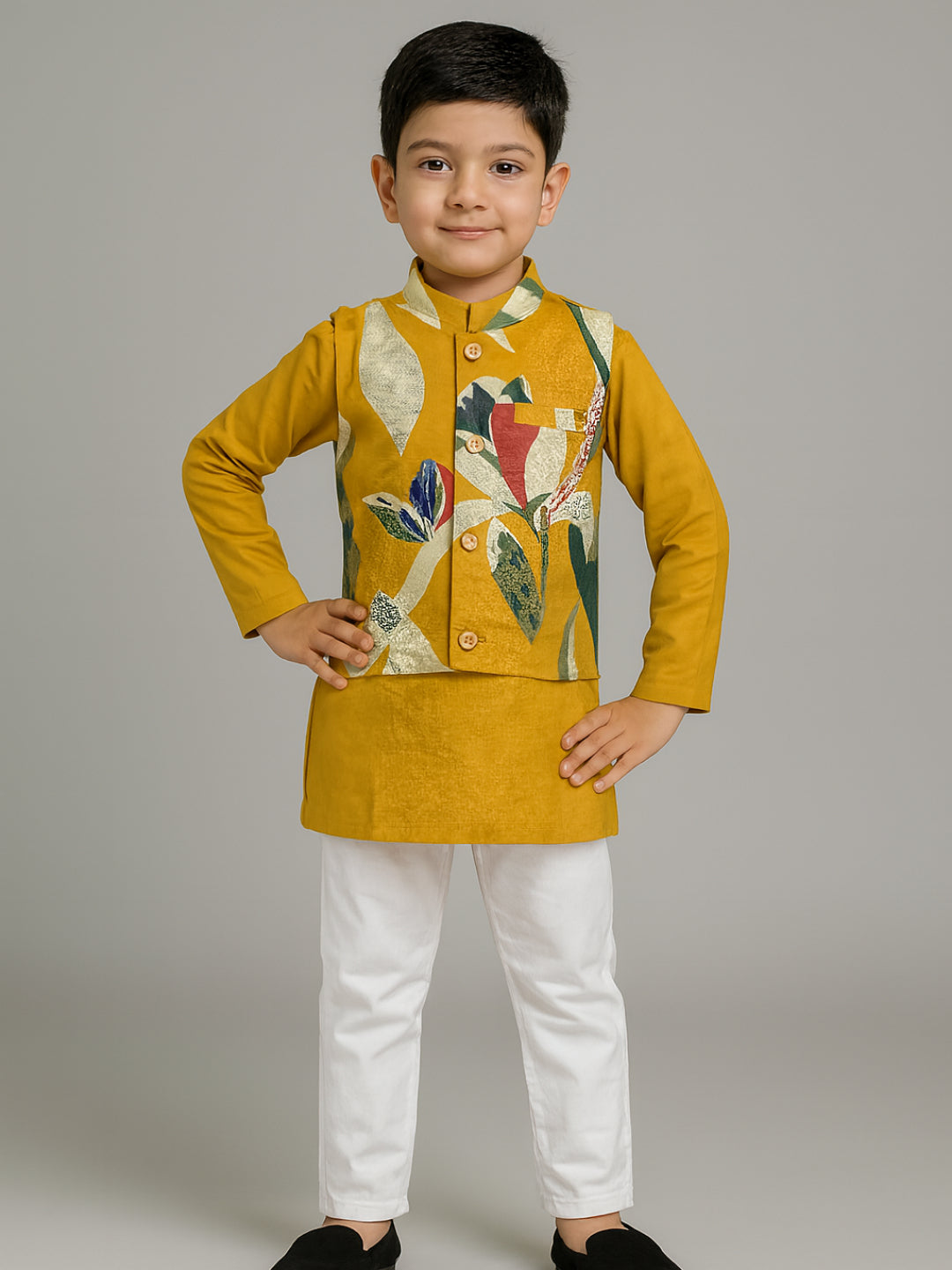 Boys Yellow Printed Kurta Pyjamas Jacket